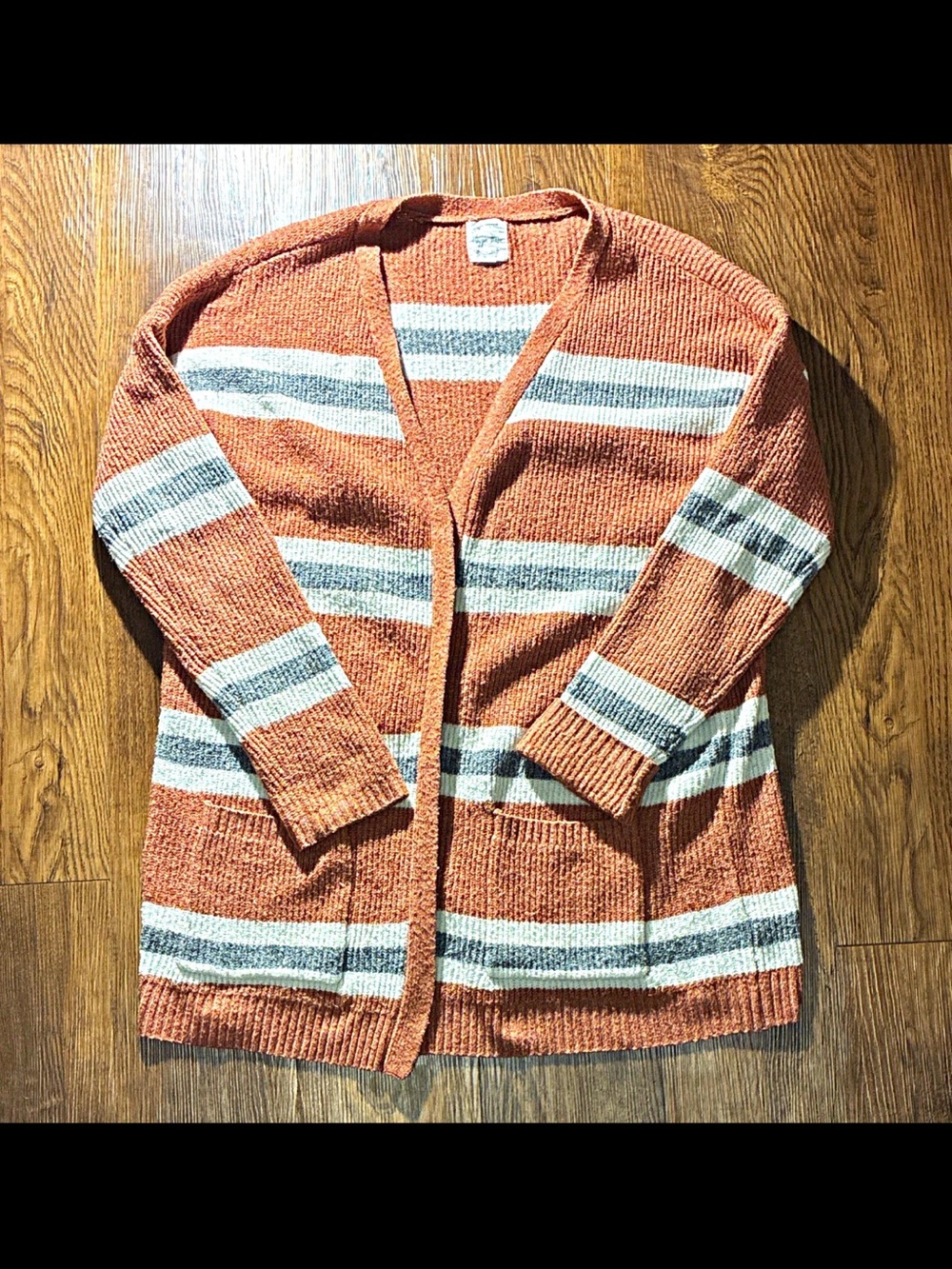 Women’s Open-Front Striped Cardigan Sweater - Rust/White/Grey